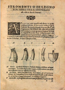 Instrumentos de labranza. Xilografía de la edición italiana de 1568. Ejemplar de la  Bibliotheque du Palais des arts Ville de Lyon
