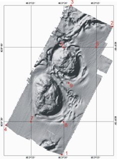 Imagen obtenida mediante Ecosonda Multihaz. Montes submarinos - Isla de Lanzarote.