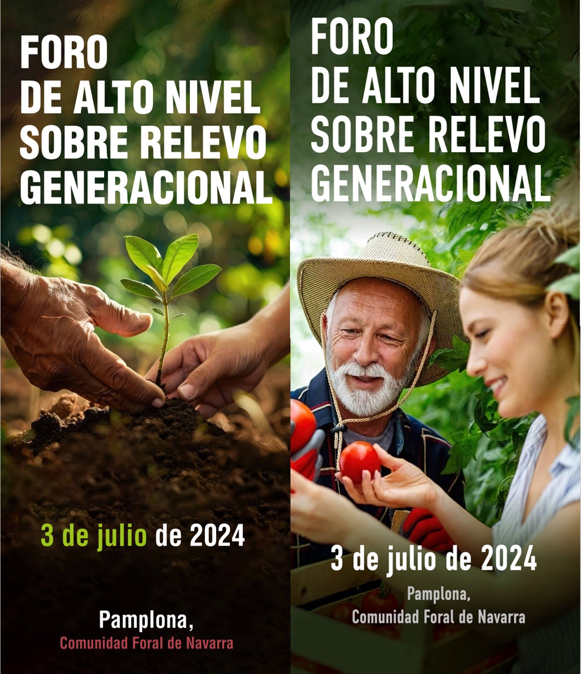 Ilustración de los Roll Ups empleados en el Foro de Alto Nivel sobre Relevo Generacional que indican el nombre del evento y la fecha sobre un...