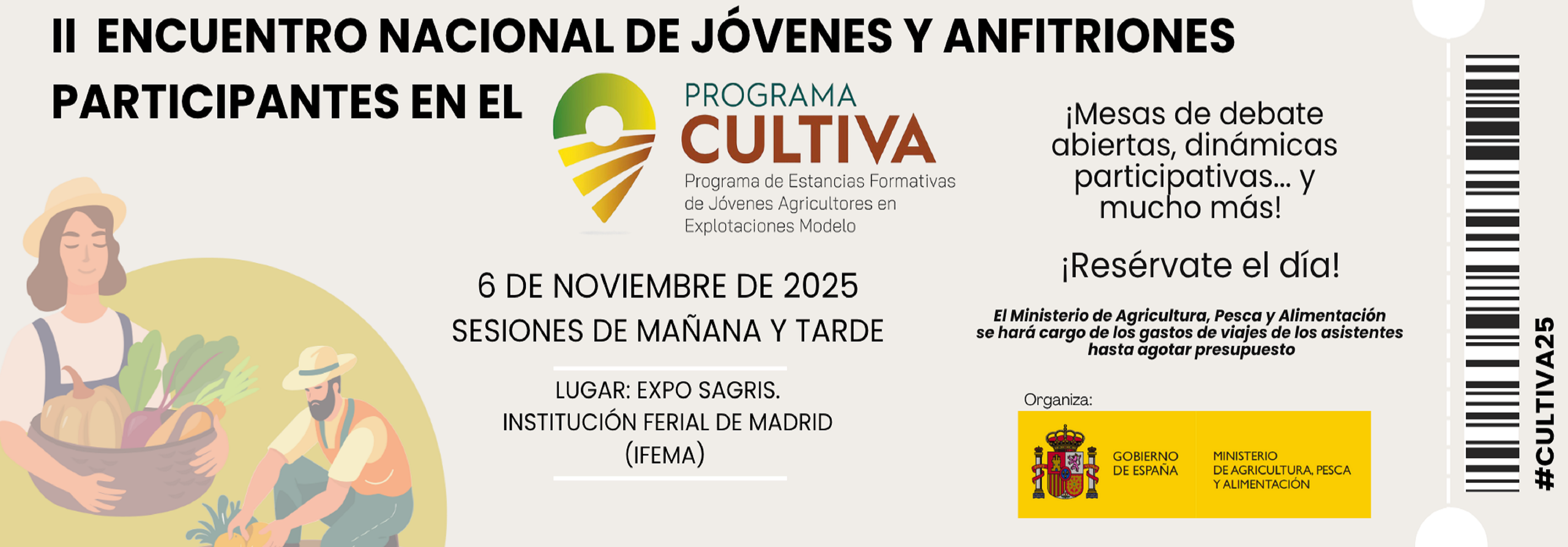 Invitación con ilustraciones a reserva el día del 6 noviembre en que se celebrará el segundo encuentro nacional del Programa CULTIVA en la ETSIAAB...